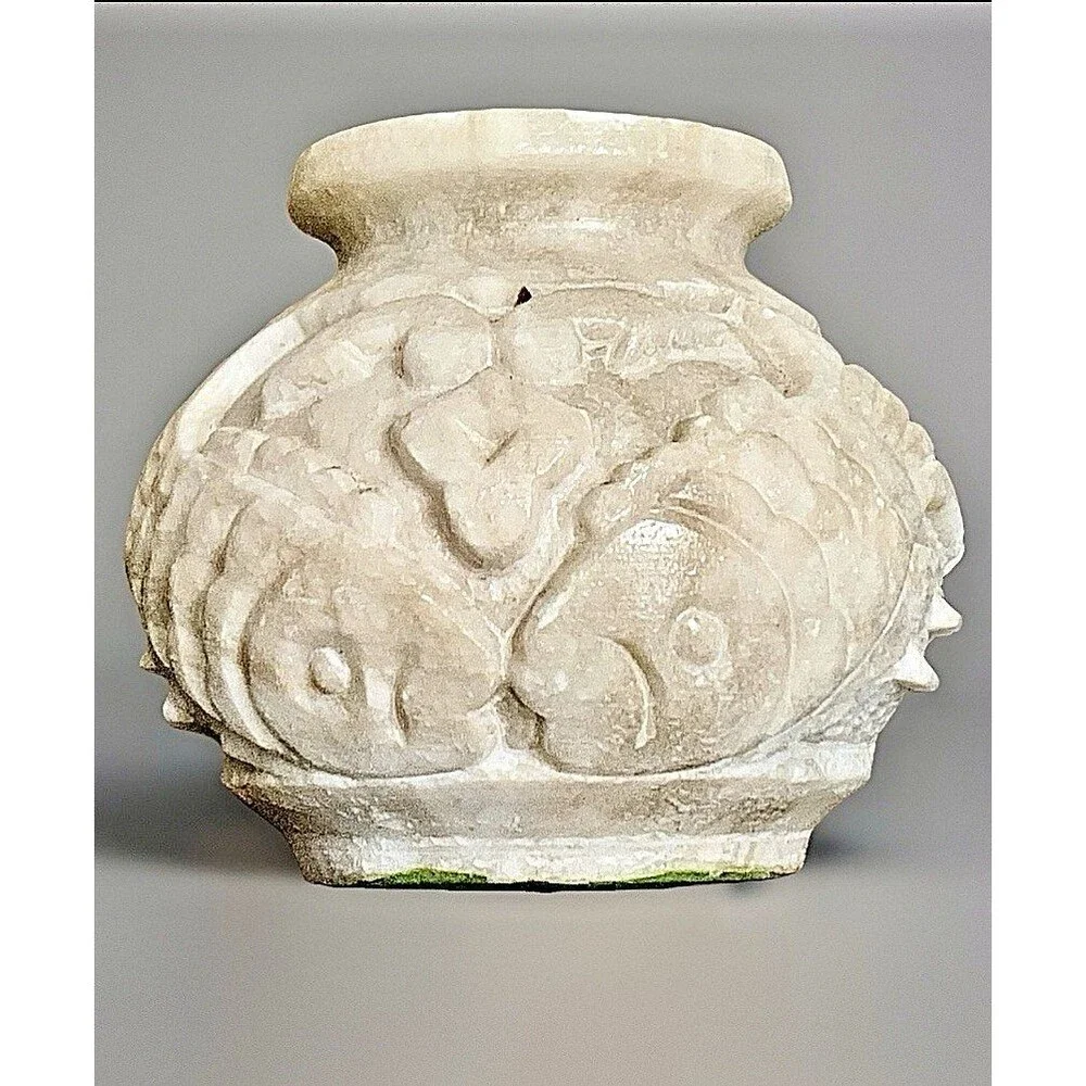 Vintage Chinese Hand Carved Soapstone Vase Double Koi Fish Motif Asian Decor